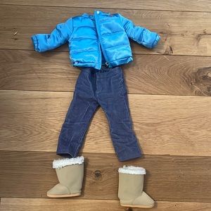 American girl doll winter coat, jeans and winter boots